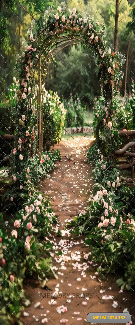 FOREST WEDDING PINK FLOWER ARCH PATH - PRINTED BACKDROP