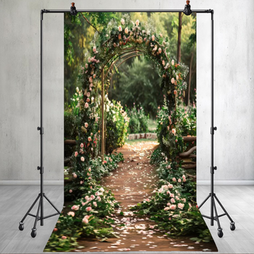 FOREST WEDDING PINK FLOWER ARCH PATH - PRINTED BACKDROP