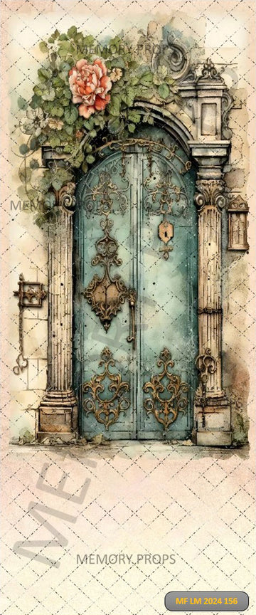 BEAUTIFUL DOOR IN PALE TURQUOISE AND WITH PINK FLOWER - PRINTED BACKDROP