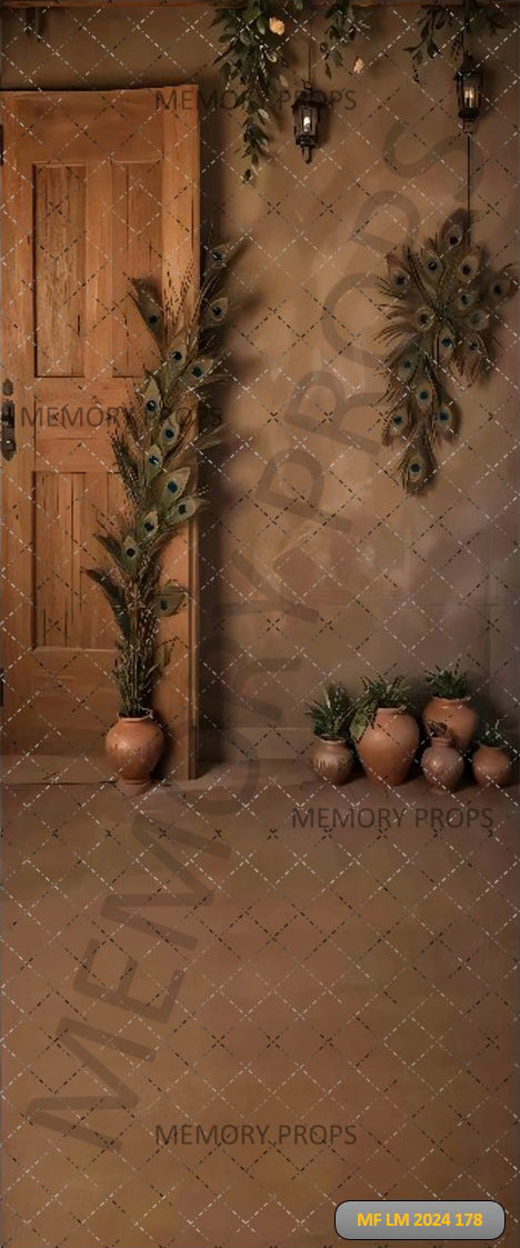 WOODEN DOOR AND PEACOCK FEATHERS - PRINTED BACKDROP