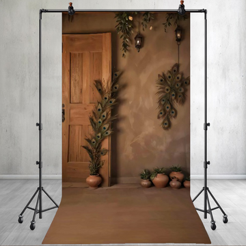 WOODEN DOOR AND PEACOCK FEATHERS - PRINTED BACKDROP