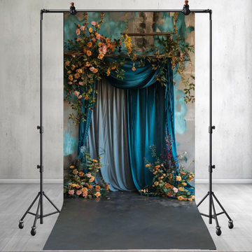 BLUE AND TEAL CURTAIN FLOWERS - PRINTED BACKDROP