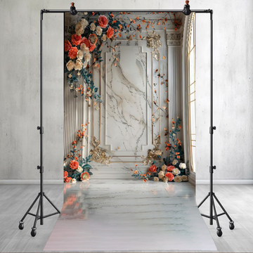 PINK ROSES ADORNING ANCIENT EUROPEAN ARCADE - PRINTED BACKDROP