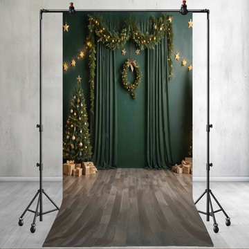 CHRISTMAS GREEN CURTAIN WITH TREE STAR DECORATION - PRINTED BACKDROPS
