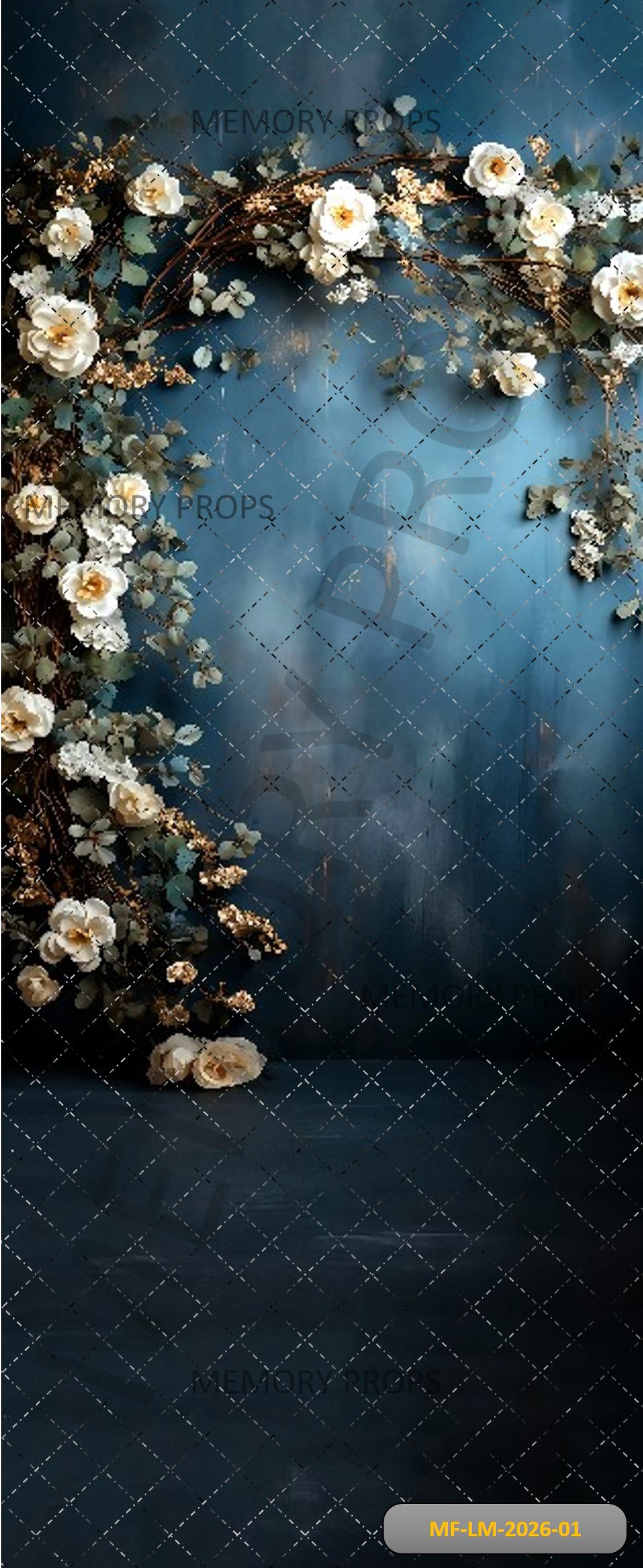 BLUE FLORAL ARCH WITH WHITE FLOWERS - PRINTED BACKDROP