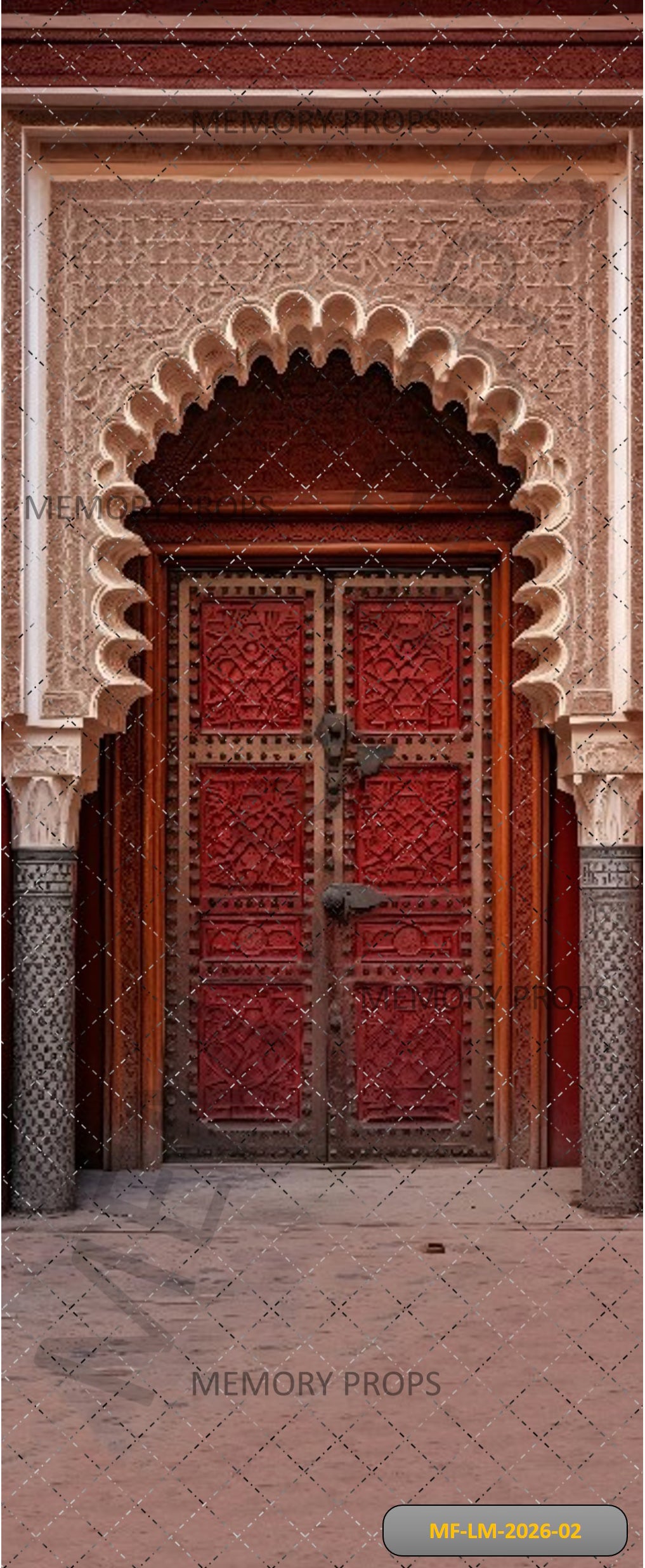 VINTAGE RED CARVED WOODEN DOOR ARCHWAY - PRINTED BACKDROP