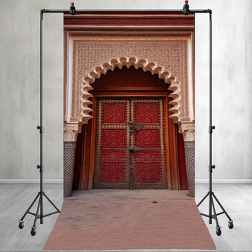 VINTAGE RED CARVED WOODEN DOOR ARCHWAY - PRINTED BACKDROP