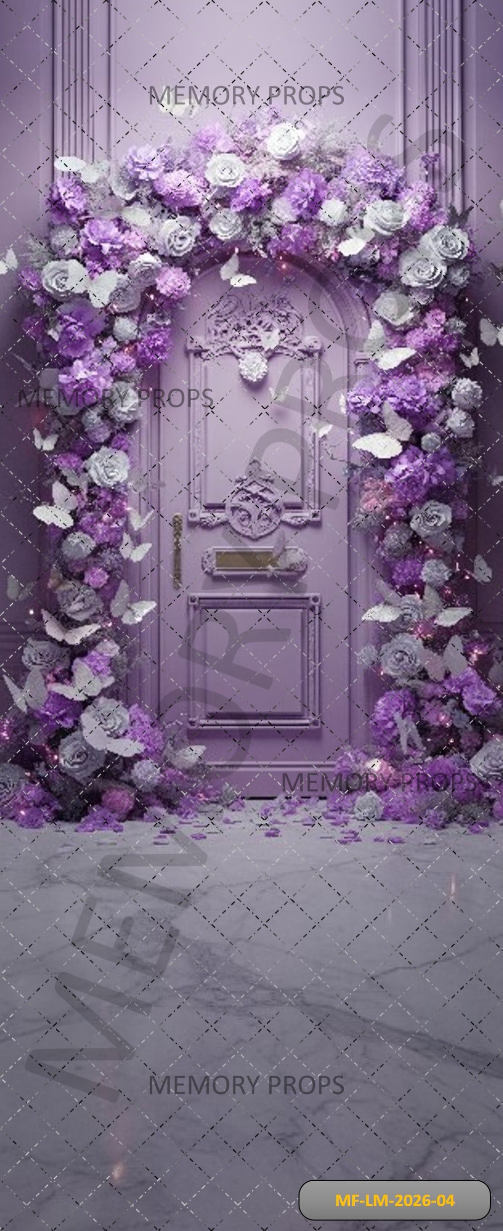 LAVENDER FLORAL ARCH WITH ORNATE DOOR - PRINTED BACKDROP