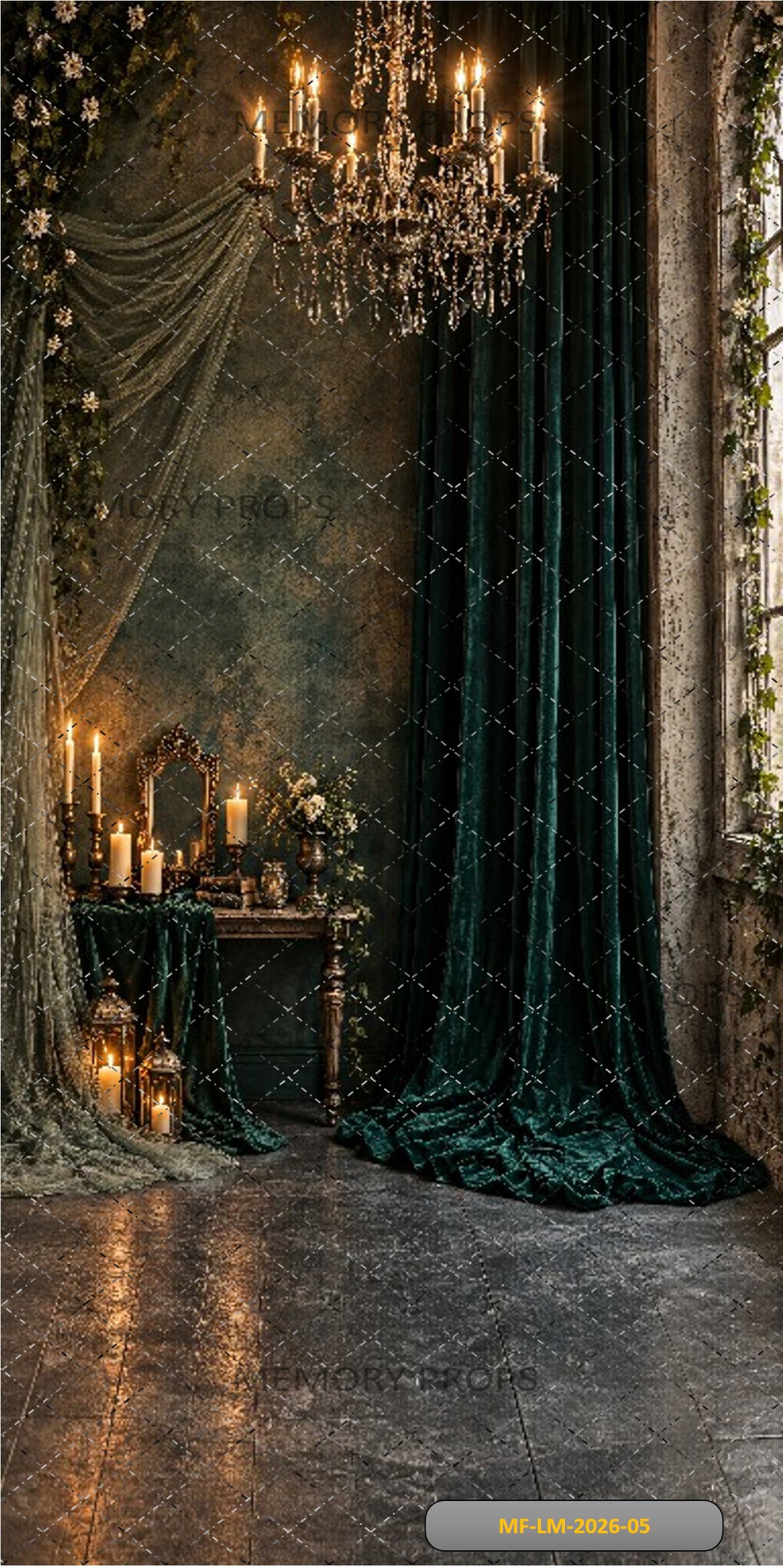 LUXURY DARK EMERALD CURTAIN WITH CRYSTAL CHANDELIER - PRINTED BACKDROP