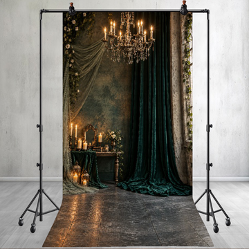 LUXURY DARK EMERALD CURTAIN WITH CRYSTAL CHANDELIER - PRINTED BACKDROP