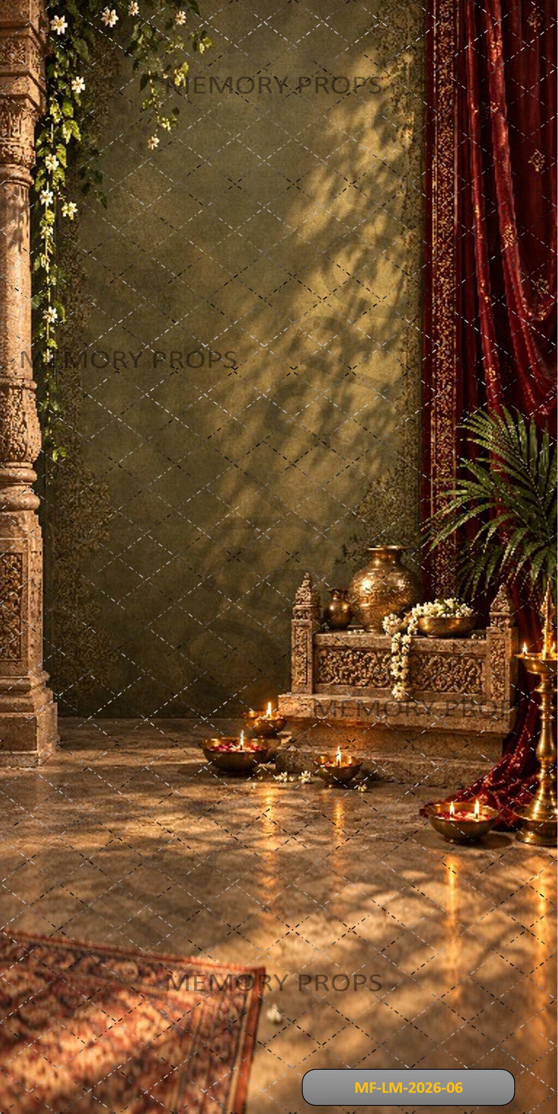 ROYAL HERITAGE COURTYARD WITH RED DRAPES & DIYA - PRINTED BACKDROP