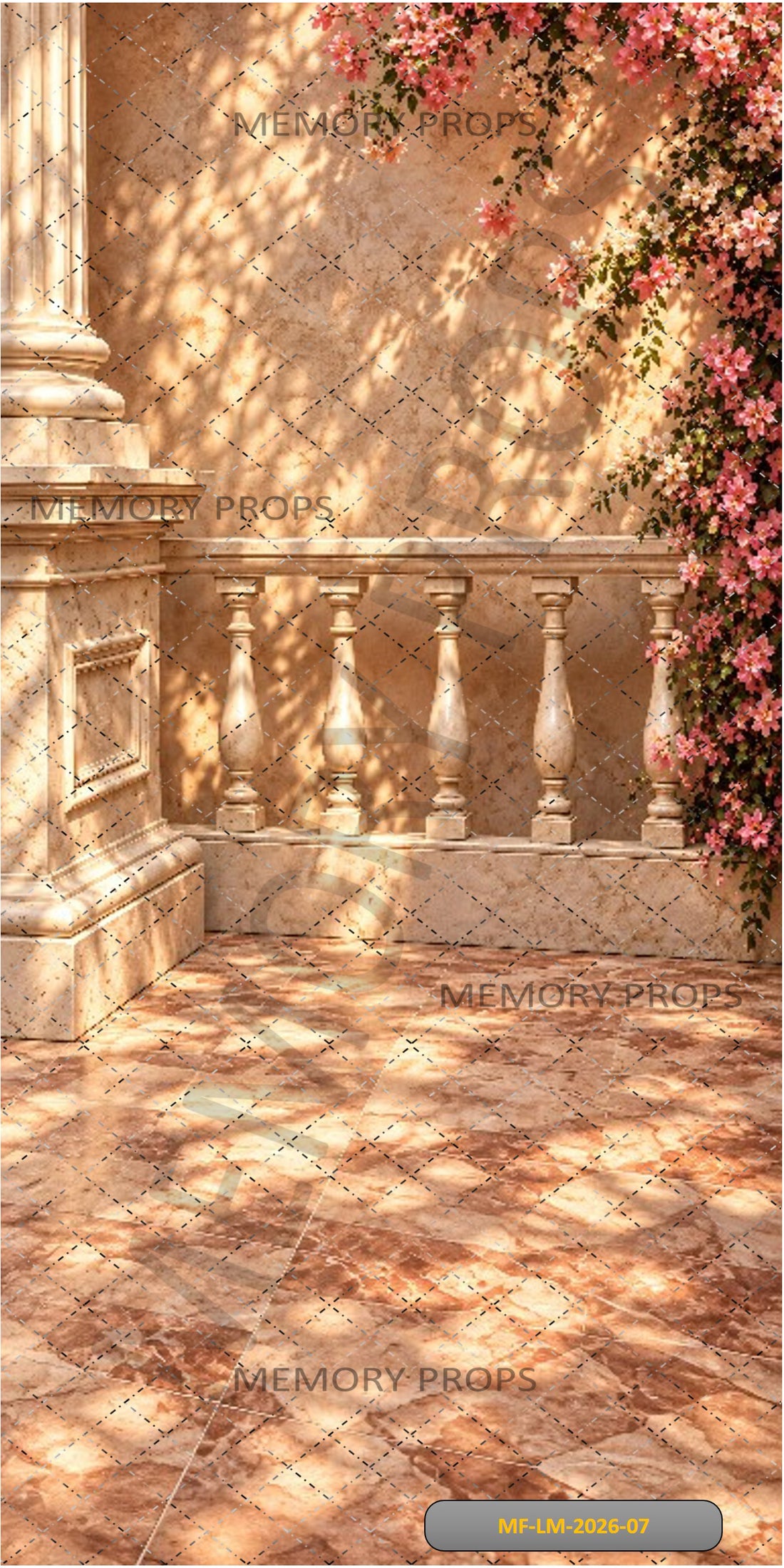ELEGANT MARBLE COURTYARD WITH PINK FLORAL ARCH - PRINTED BACKDROP