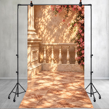ELEGANT MARBLE COURTYARD WITH PINK FLORAL ARCH - PRINTED BACKDROP