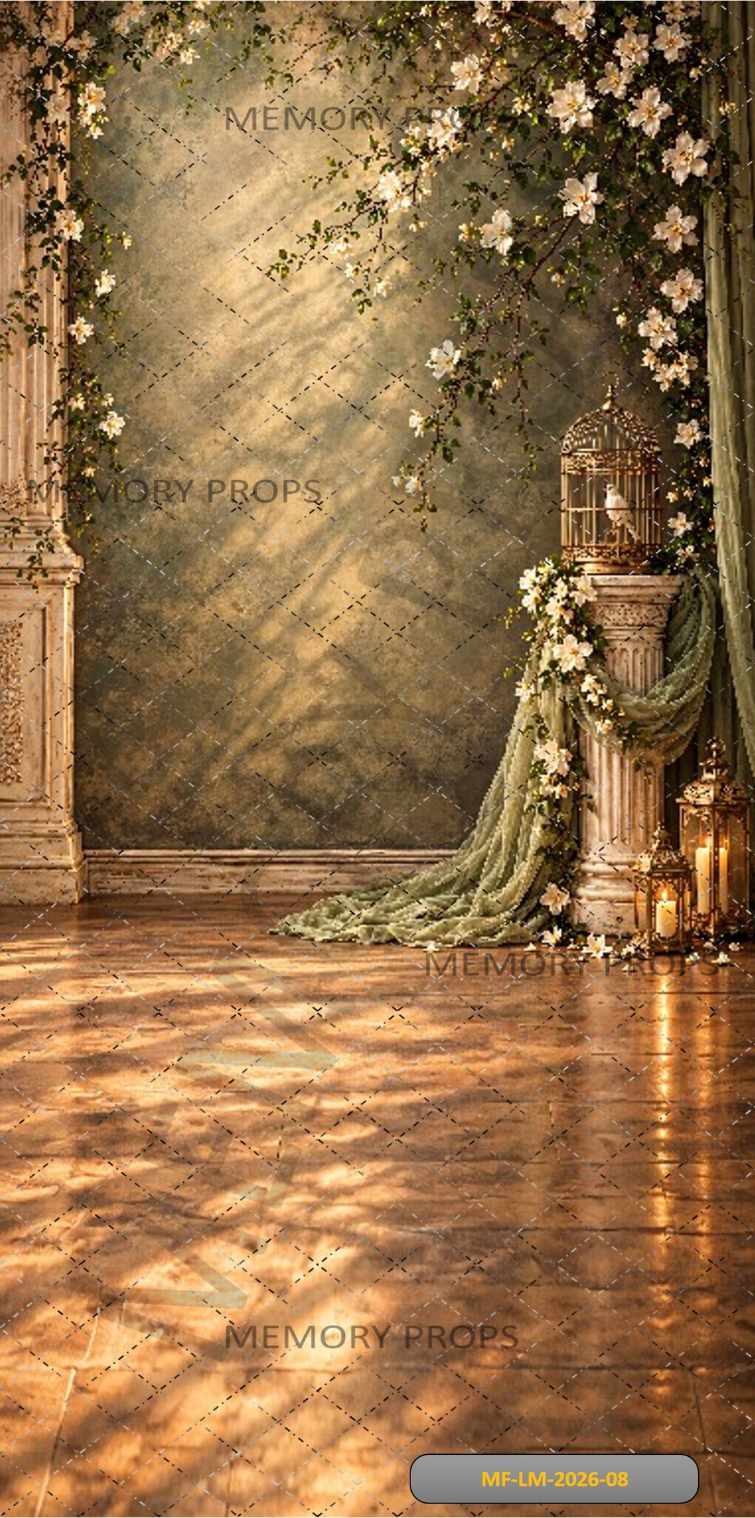 ELEGANT VINTAGE FLORAL COURTYARD WITH DRAPES & LANTERNS - PRINTED BACKDROP