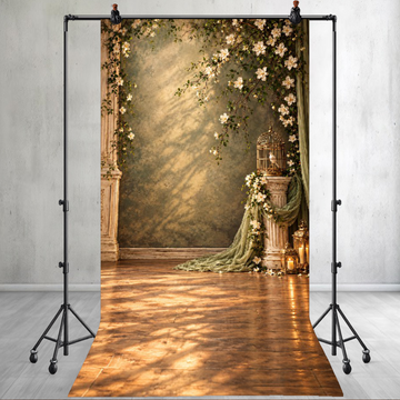 ELEGANT VINTAGE FLORAL COURTYARD WITH DRAPES & LANTERNS - PRINTED BACKDROP