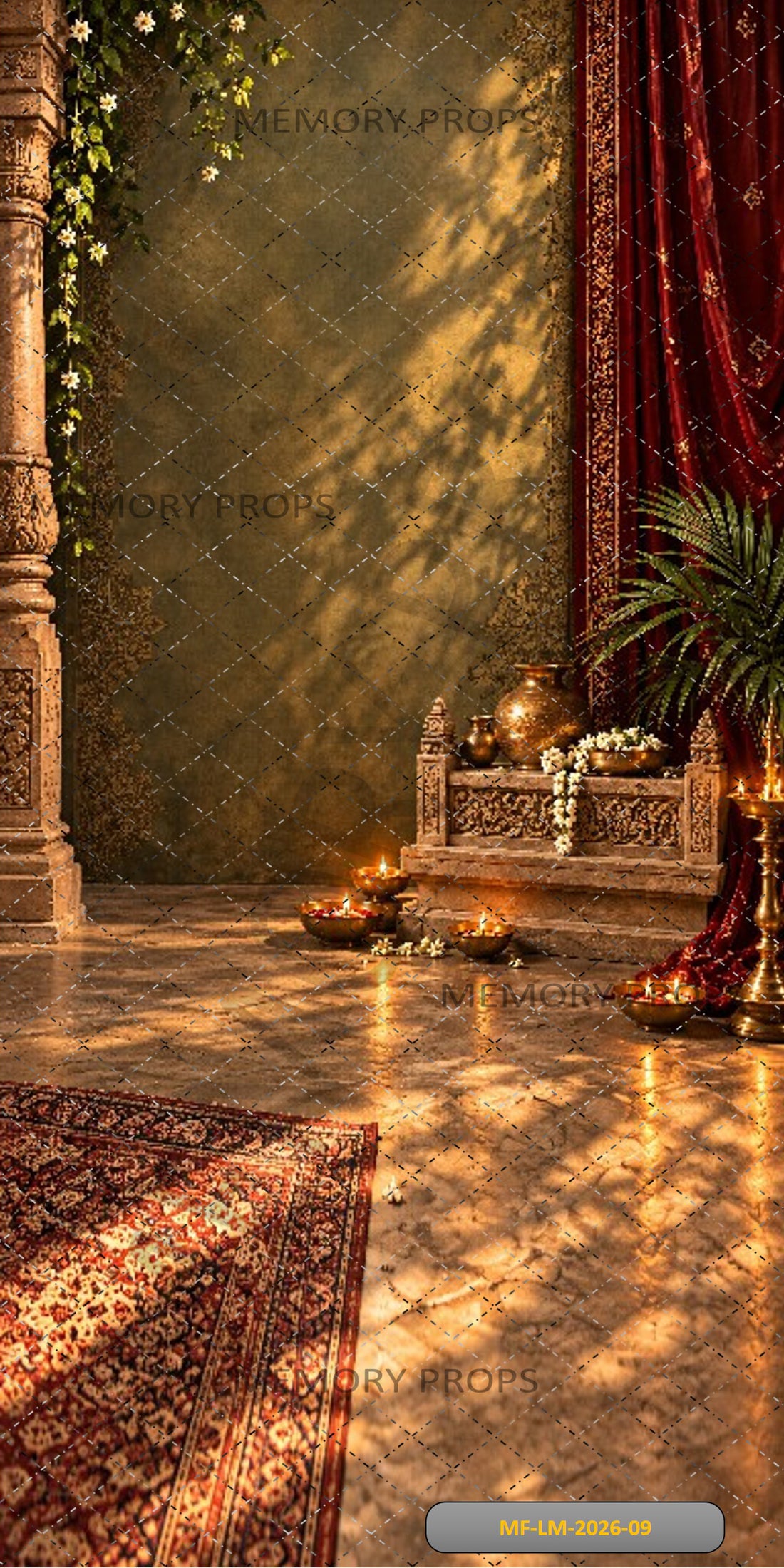 ROYAL HERITAGE COURTYARD WITH RED DRAPES & DIYA - PRINTED BACKDROP