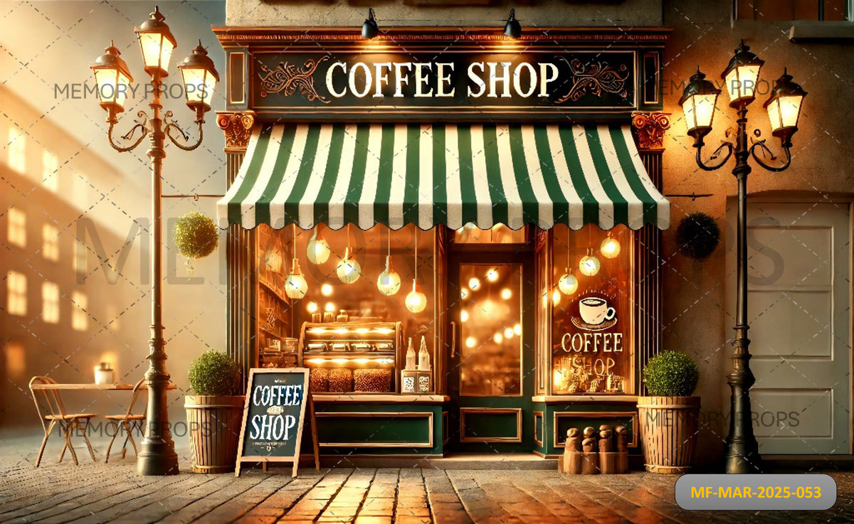 Backdrop Coffe Retro Coffee Shop Exterior Printed Backdrop