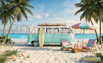TROPICAL BEACH VAN VACATION SUMMER PARADISE BACKDROP FOR BABY & KIDS PHOTOGRAPHY - PRINTED BACKDROP