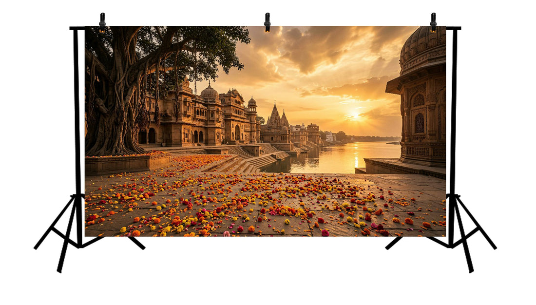 ROYAL RIVER GHAT SUNSET TEMPLE SETUP - PRINTED BACKDROP
