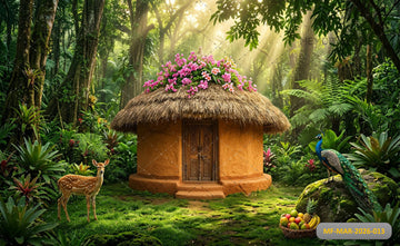 FLORAL JUNGLE HUT DEER PEACOCK SETUP - PRINTED BACKDROP