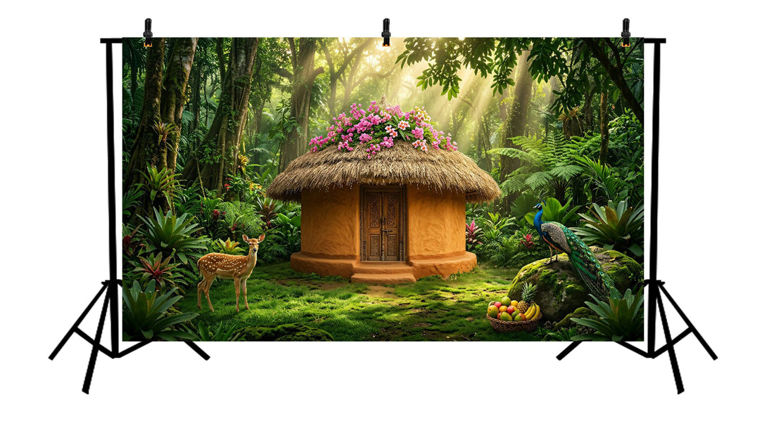 FLORAL JUNGLE HUT DEER PEACOCK SETUP - PRINTED BACKDROP