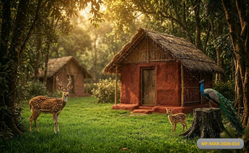 JUNGLE HUT DEER FAMILY PEACOCK SETUP - PRINTED BACKDROP