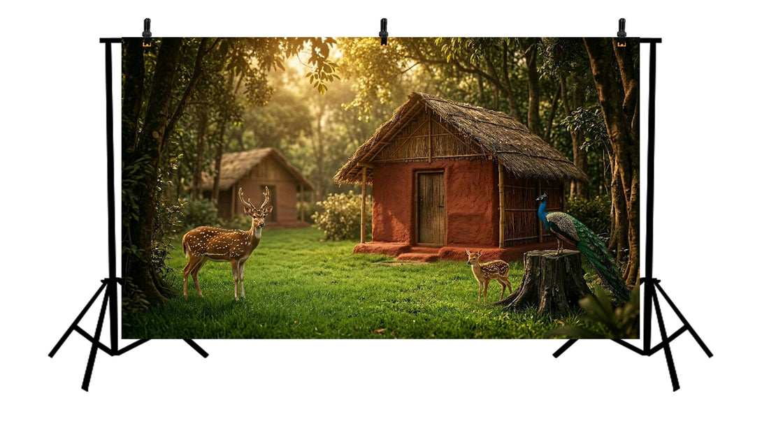 JUNGLE HUT DEER FAMILY PEACOCK SETUP - PRINTED BACKDROP