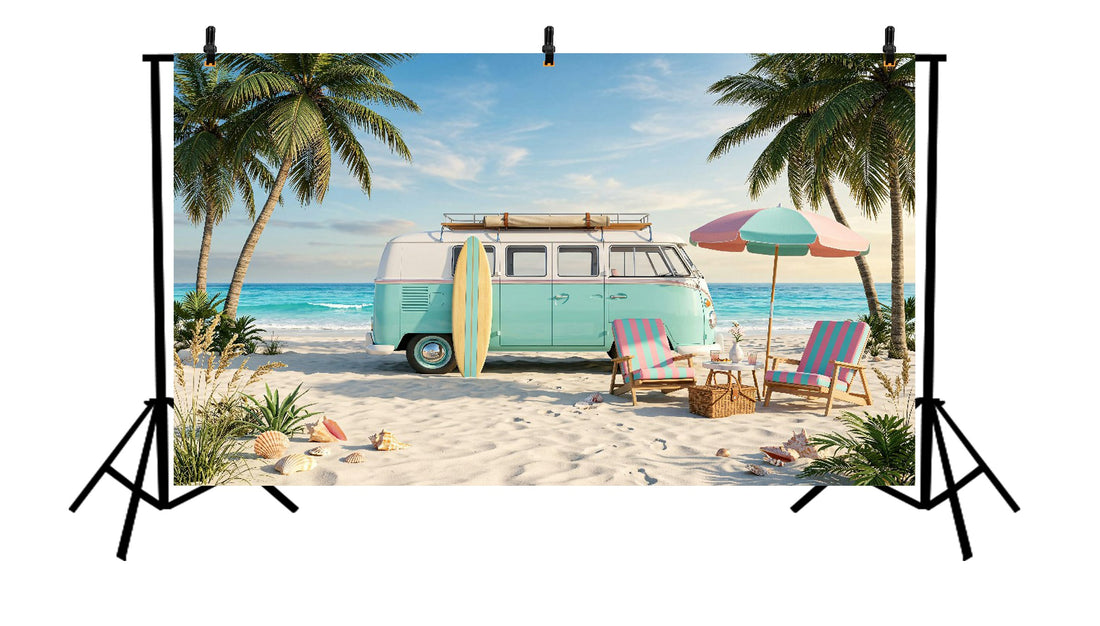 TROPICAL BEACH VAN VACATION SUMMER PARADISE BACKDROP FOR BABY & KIDS PHOTOGRAPHY - PRINTED BACKDROP