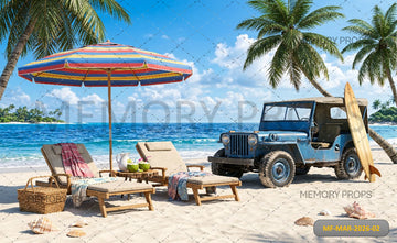 TROPICAL BEACH JEEP VACATION SUMMER PARADISE BACKDROP FOR BABY & KIDS PHOTOGRAPHY - PRINTED BACKDROP