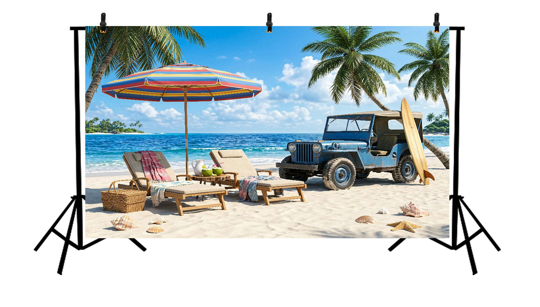 TROPICAL BEACH JEEP VACATION SUMMER PARADISE BACKDROP FOR BABY & KIDS PHOTOGRAPHY - PRINTED BACKDROP