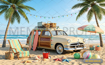 TROPICAL BEACH VINTAGE CAR VACATION SUMMER PARADISE BACKDROP FOR BABY & KIDS PHOTOGRAPHY - PRINTED BACKDROP