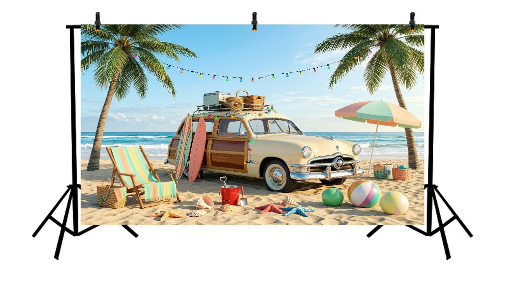 TROPICAL BEACH VINTAGE CAR VACATION SUMMER PARADISE BACKDROP FOR BABY & KIDS PHOTOGRAPHY - PRINTED BACKDROP