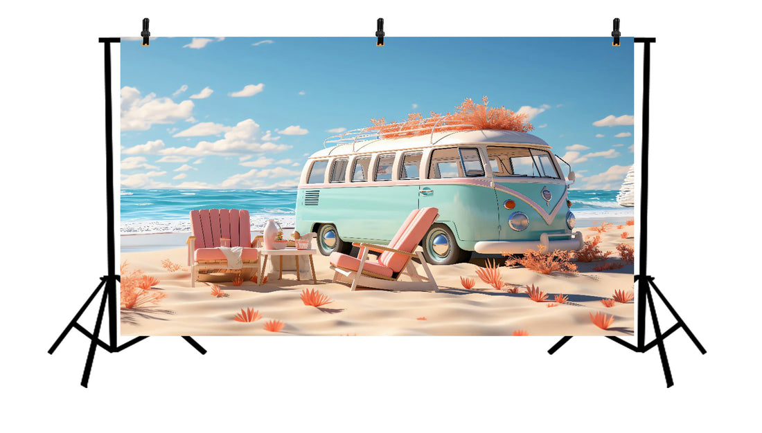 PASTEL TROPICAL BEACH VAN SUMMER VACATION BACKDROP FOR BABY & KIDS PHOTOGRAPHY - PRINTED BACKDROP
