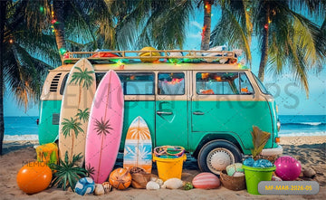 TROPICAL SURF VAN BEACH PARTY BACKDROP WITH PALM TREES AND COLORFUL SUMMER PROPS - PRINTED BACKDROP