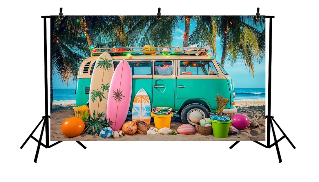 TROPICAL SURF VAN BEACH PARTY BACKDROP WITH PALM TREES AND COLORFUL SUMMER PROPS - PRINTED BACKDROP