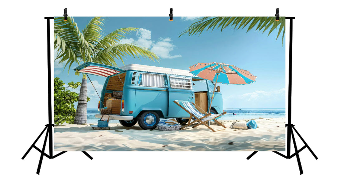 COASTAL BEACH CAMPER VAN SUMMER VACATION BACKDROP WITH PALM TREES AND RELAXING SEASIDE SETUP - PRINTED BACKDROP