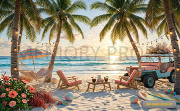 SUNSET TROPICAL BEACH LOUNGE BACKDROP WITH PALM TREES HAMMOCK AND VINTAGE JEEP SETUP - PRINTED BACKDROP