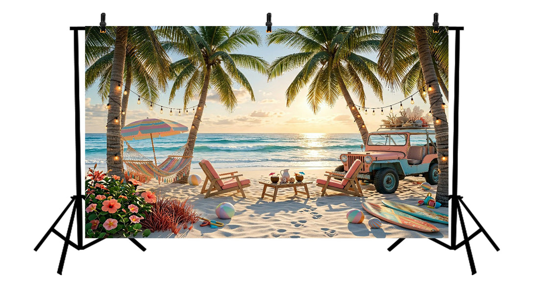 SUNSET TROPICAL BEACH LOUNGE BACKDROP WITH PALM TREES HAMMOCK AND VINTAGE JEEP SETUP - PRINTED BACKDROP