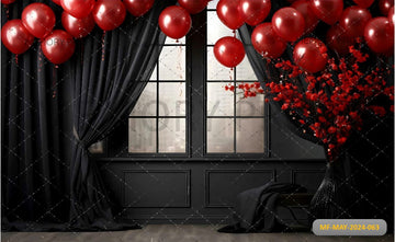 BLACK WINDOW CURTAIN WITH BALLOONS AND FLOWERS - PRINTED BACKDROPS