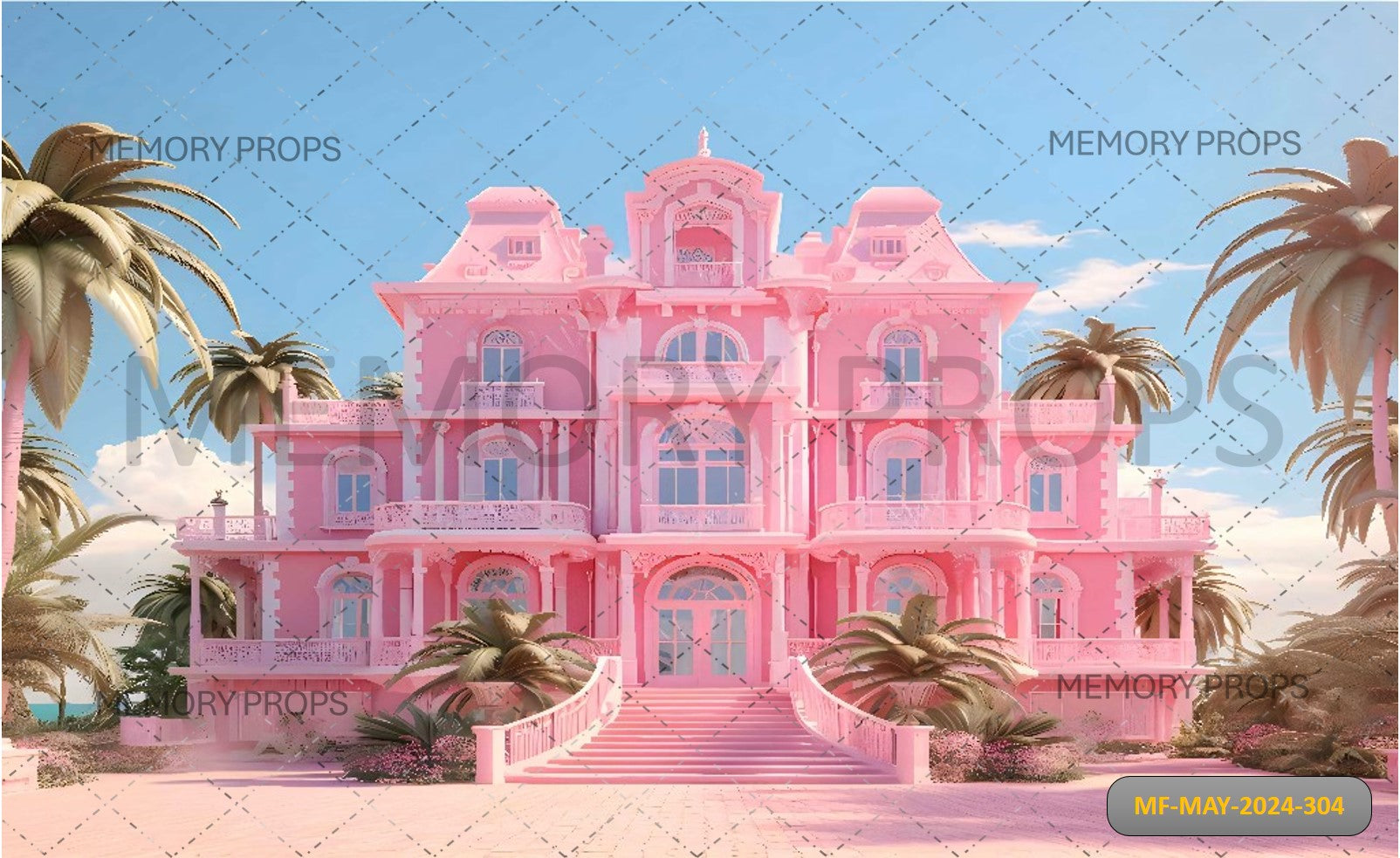 PINK DOLLHOUSE AND BEACH - PRINTED BACKDROP