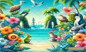 BIRDS FLYING OVER A BEACH WITH PLAM TREES AND ANIMALS - PRINTED BACKDROP