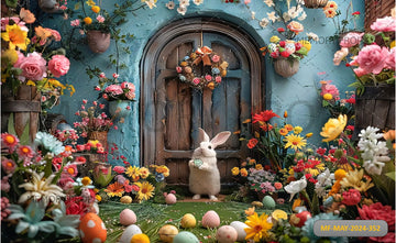 ESTER FLOWERS BUNNY AND EGGS BLUE WALL - PRINTED BACKDROP