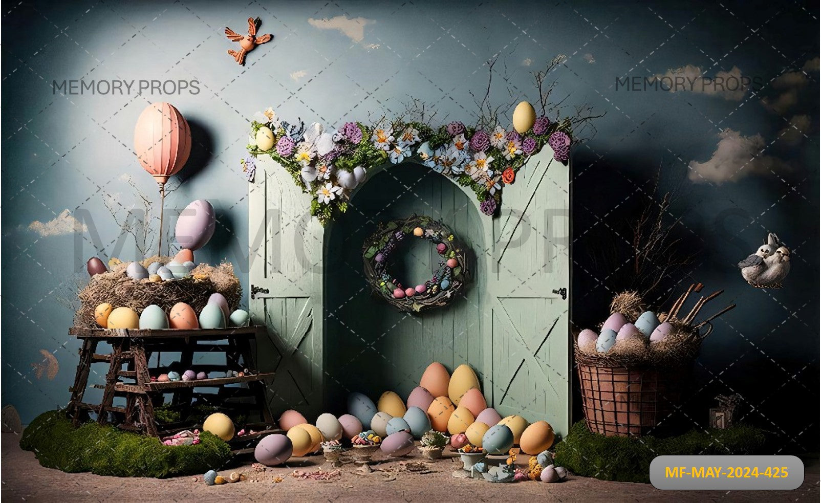 EASTER BUNNY WITH COLOURFUL EGGS AND FLOWERS - PRINTED BACKDROP