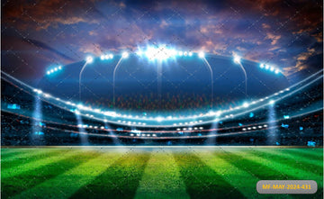 SOCCER STADIUM WITH GREEN GRASS FIELD AND TWILIGHT SKY - PRINTED BACKDROP