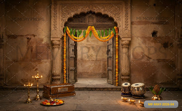 TRADITIONAL TEMPLE ENTRANCE WITH FESTIVE GARLANDS - PRINTED BACKDROP