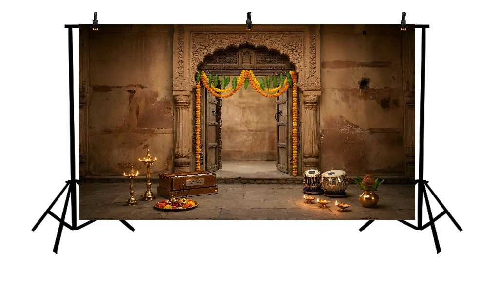 TRADITIONAL TEMPLE ENTRANCE WITH FESTIVE GARLANDS - PRINTED BACKDROP