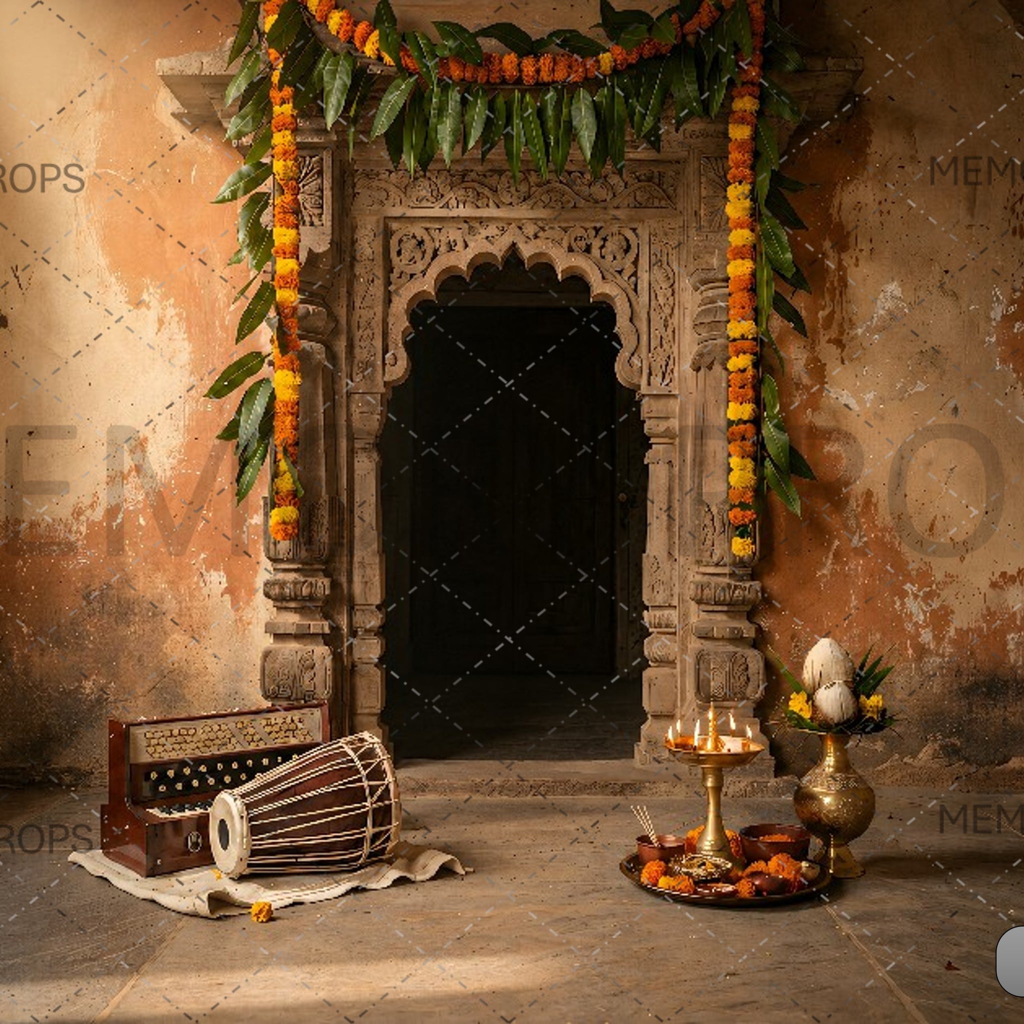 Rustic Temple Rustic Temple Door With Festive Marigold Decor Printed Backdrop