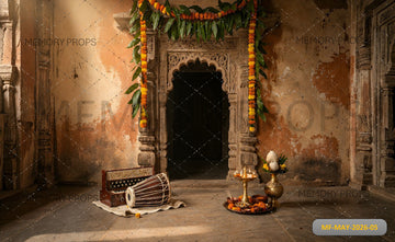 RUSTIC TEMPLE DOOR WITH FESTIVE MARIGOLD DECOR - PRINTED BACKDROP