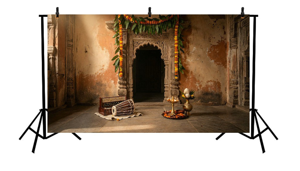 RUSTIC TEMPLE DOOR WITH FESTIVE MARIGOLD DECOR - PRINTED BACKDROP