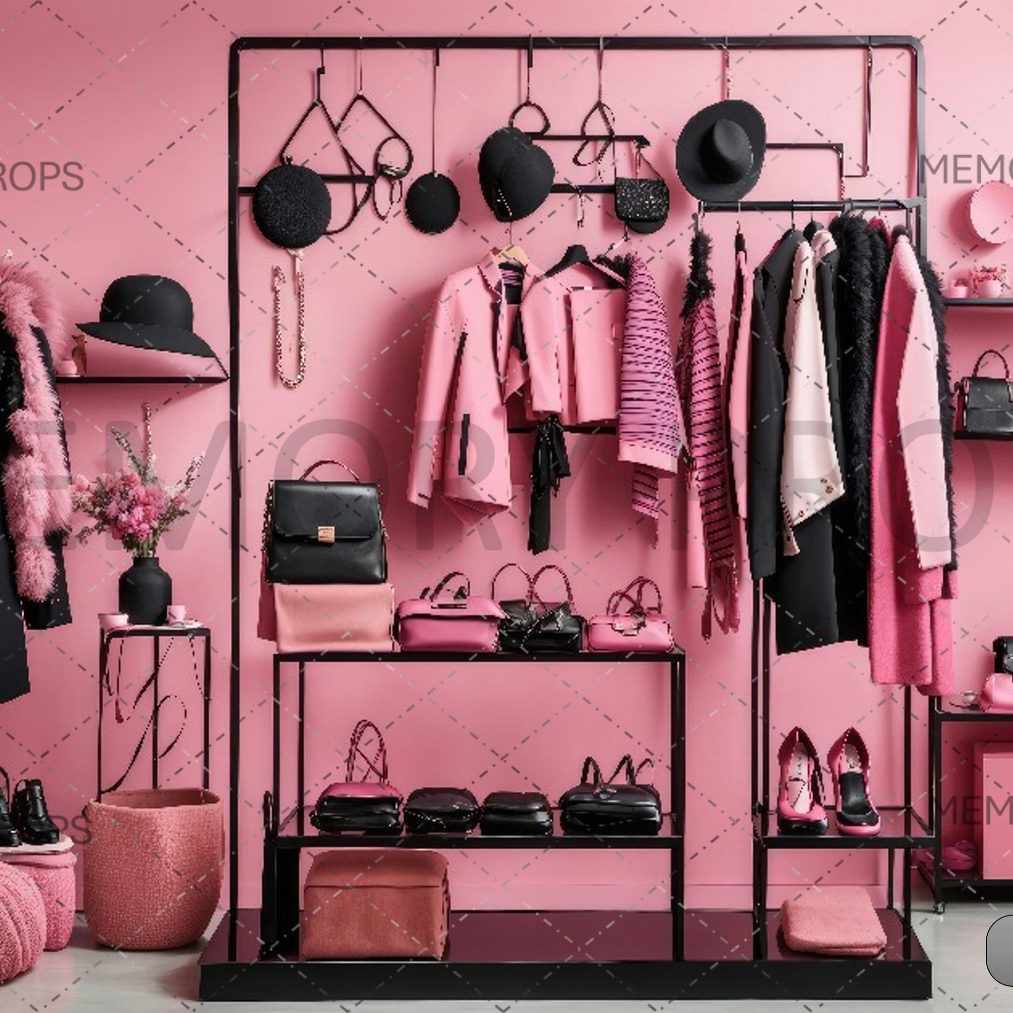 ARAFFE WITH PINK CLOTHS IN PINK ROOM - PRINTED BACKDROP